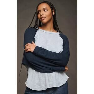 Anthropologie Pilcro Henley Thermal Ruffled Size XS Blue Colorblock Boho Casual